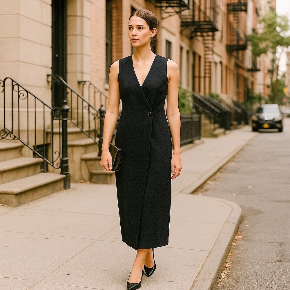 Minimalist Black Wool Maxi Wrap Dress Quiet Luxury Made USA‎ Sz 6 NYC Style
